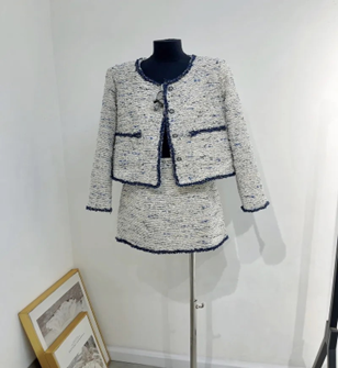 Set áo khoác dạ Tweed + Chân váy chữ A vintage mix xanh